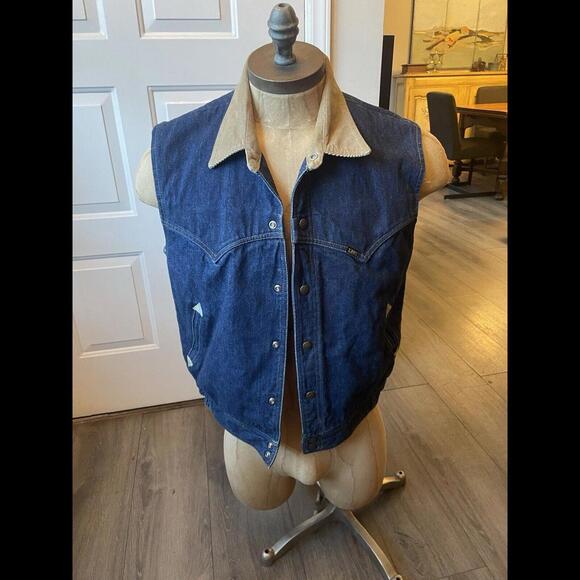Vintage Lee Large  Western Denim Corduroy Collar Quilted Lining Vest Size L - Picture 1 of 9